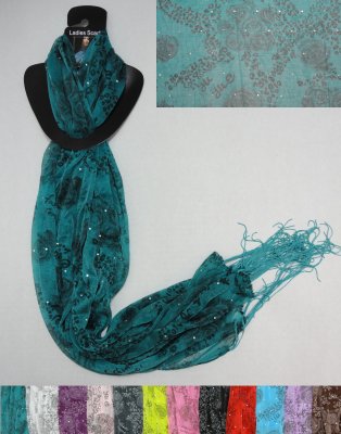 Sheer SCARF with Fringe--Lg Roses/Leopard/Sparkle