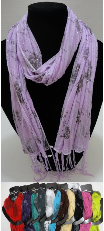 Sheer SCARF with Fringe--Pinstripe/Roses/Sparkle