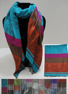 Silky SCARF with Fringe--Leaf & Swirl Pattern