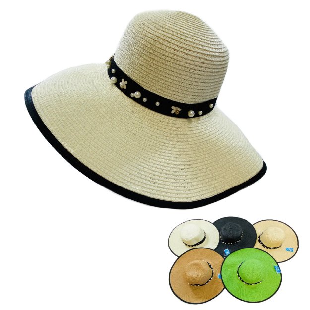 Ladies Large-Brim Fashion Hat [Daisies & Silver BEADS]