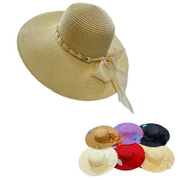 LADIES LargeBrim Fashion Hat [Gold ChainLink Hatband/Chiffon Bow]