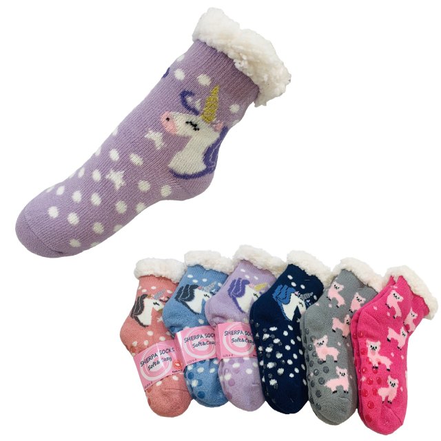 Child's Plush-Lined Non Slip Sherpa Socks [UNICORNs & Llamas] 6-8