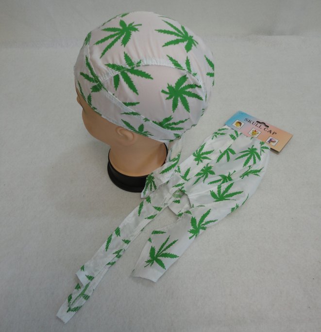 Skull Cap-White with Green Marijuana Leaves