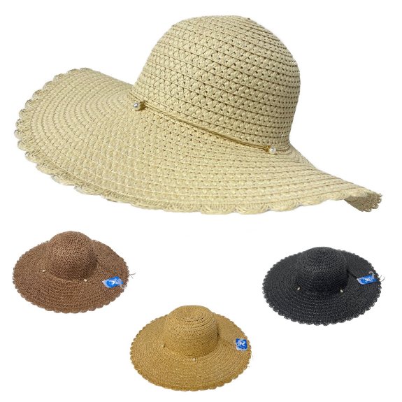 Ladies Woven Summer HAT [Pearl Band] Scalloped Edge