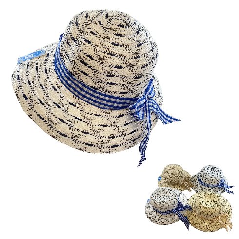 Ladies Woven Summer HAT [Two-Tone HAT/Plaid Bow]