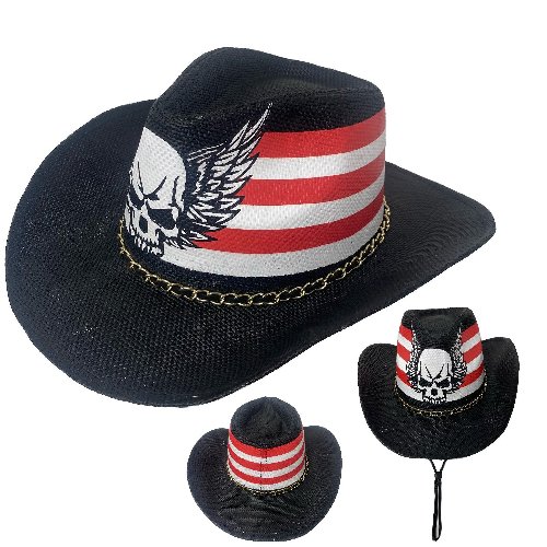 Black COWBOY HAT with Skull-Red/White Stripes [Chain HAT Band]