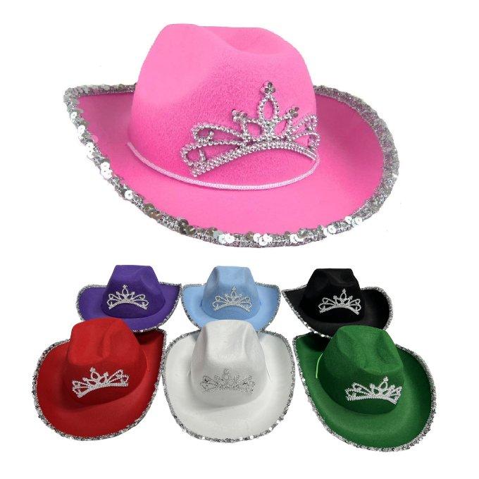 Ladies Felt Cowboy HAT with Princess Tiara and Sequin Edge