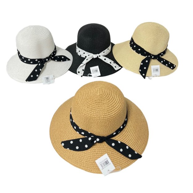 Ladies Woven Fashion HAT [Black & White Polka Dot Bow]