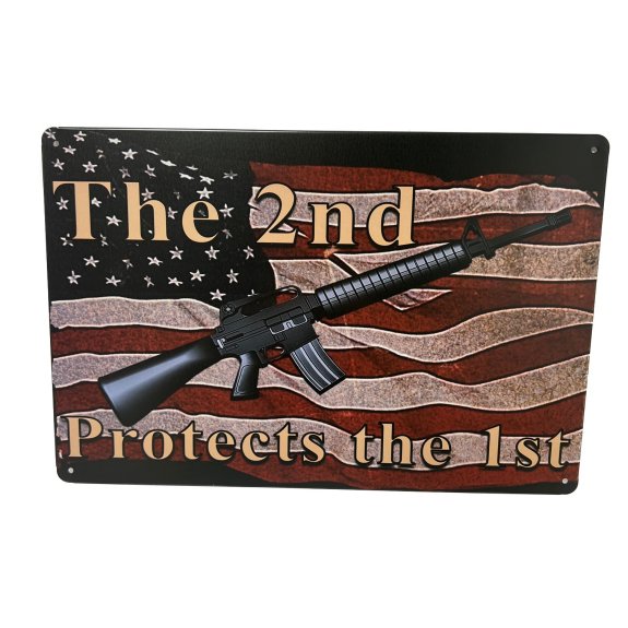 ''11.75''''x8'''' Metal Sign- The 2nd Protects the 1st [Flag/Firearm]''