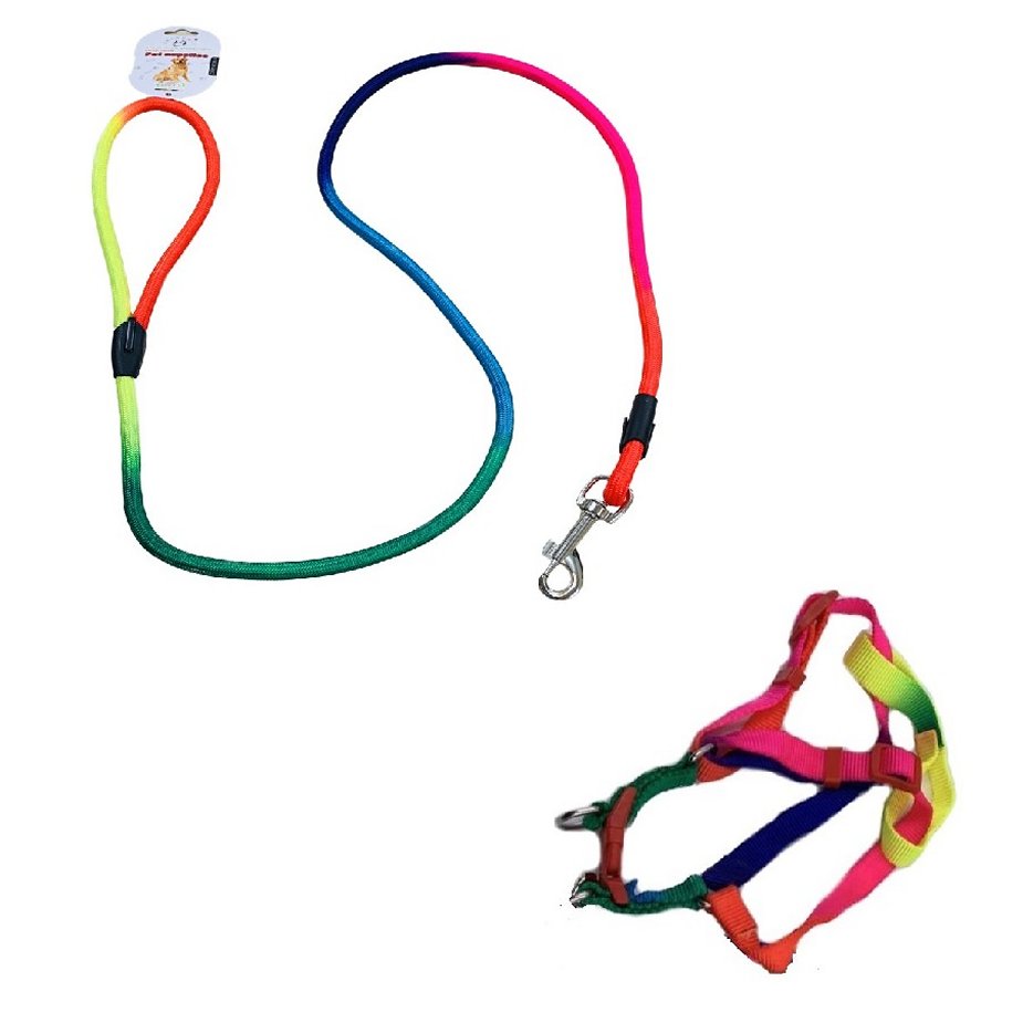 ''Rainbow DOG Harness with 48'''' Rope Leash [Small]''