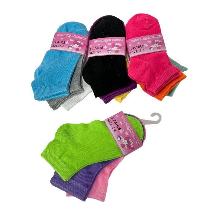 3pr Girl's Ankle SOCKS 2-4 [Neon Solid Color]