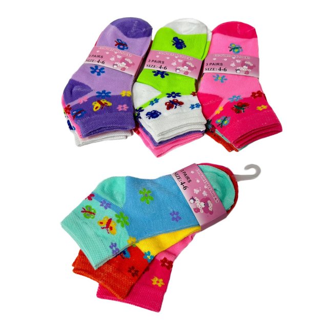 3pr Girl's Printed Ankle SOCKS 4-6 [Butterfly & Daisies]