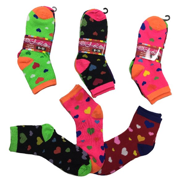 3pr Ladies/Teen Quarter SOCKS 9-11 [Colorful Hearts]