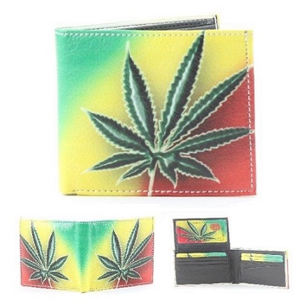 Vegan Leather WALLET [Bifold] Red/Yellow/Green Marijuana Leaf