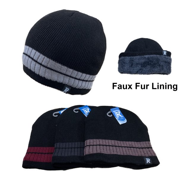 Plush-Lined Knit BEANIE [Solid Color with Stripes]