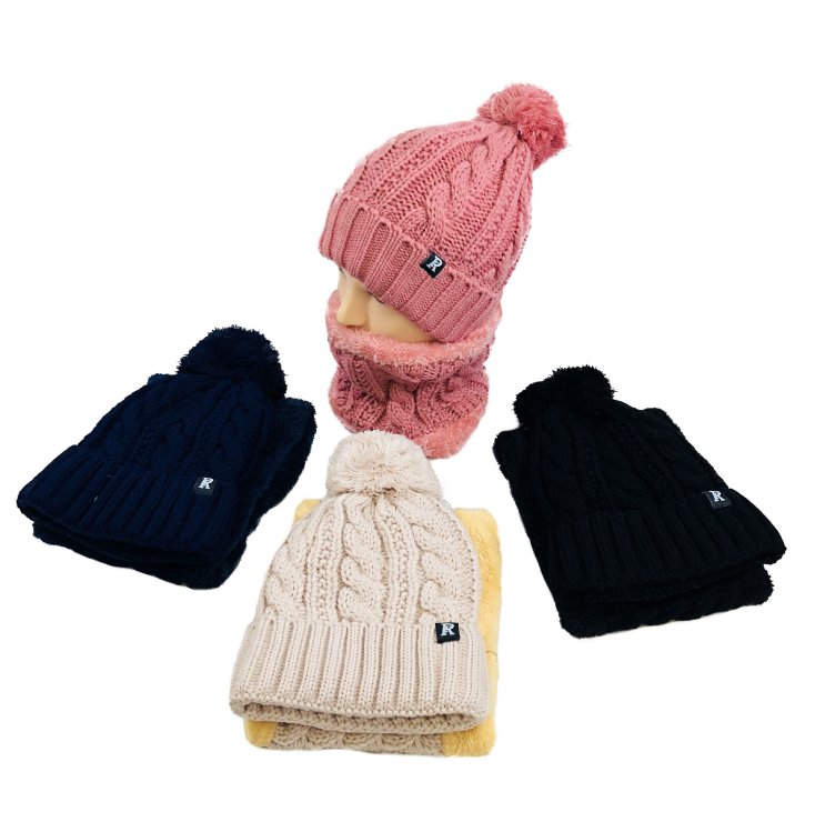 Plush-Lined PomPom Knit HAT/Neck Warmer Combo [Cable Knit]