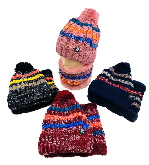 Plush-Lined PomPom Knit HAT/Neck Warmer Combo [Stripes]