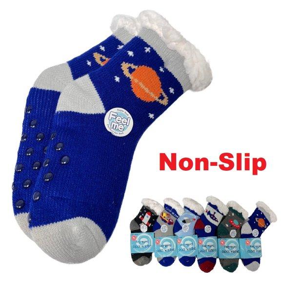 Child's Plush-Lined Non Slip Sherpa SOCKS [Space] 6-8