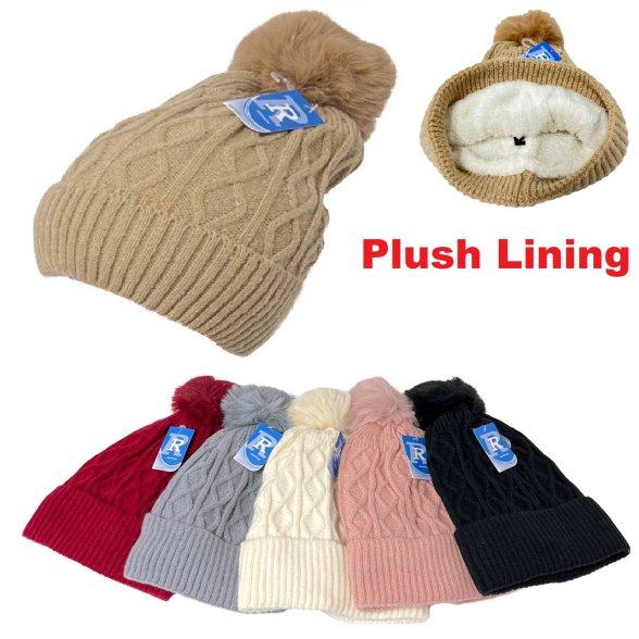 Ladies Plush-Lined DIAMOND Knit Hat with PomPom [Solid]