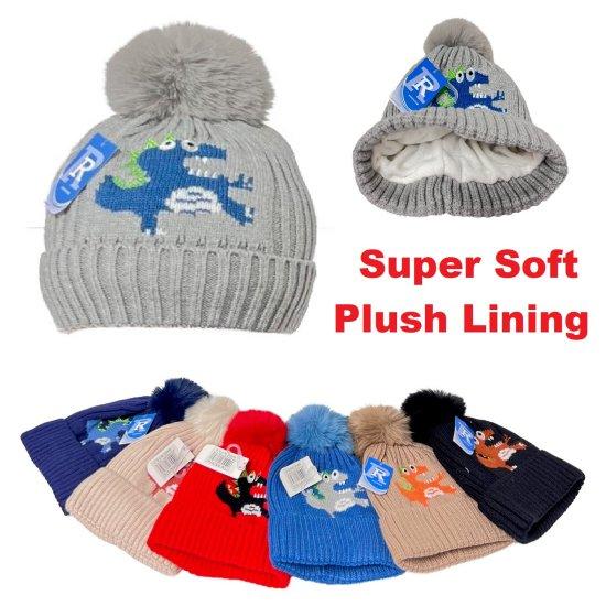 Child's Super Soft Plush-Lined Knit HAT [PomPom] Dinosaur