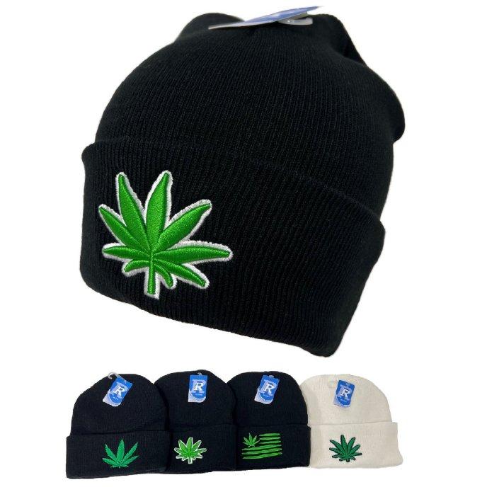 Knitted Cuffed HAT [Embroidered Marijuana] *Black/White HATs