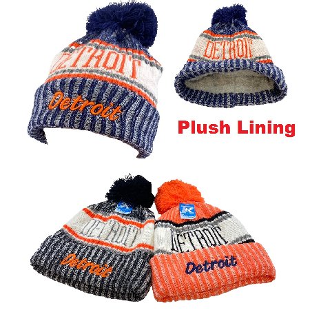 Plush-Lined Knit HAT with Pompom [Script DETROIT]