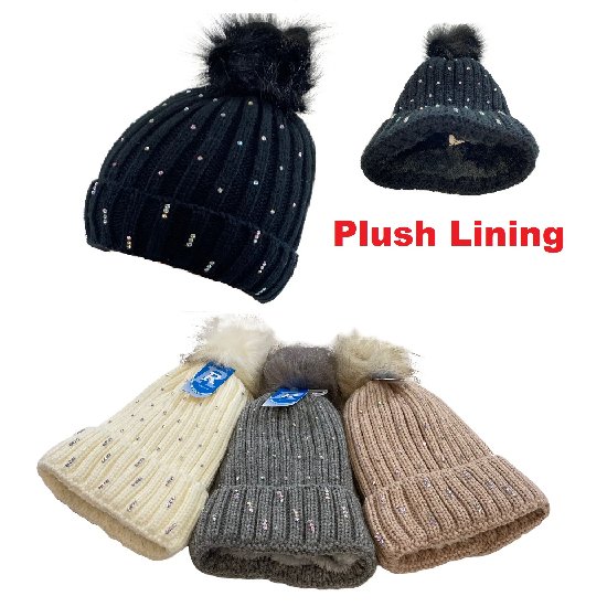 Plush-Lined LADIES Knitted Hat with Fur PomPom [Rhinestones]