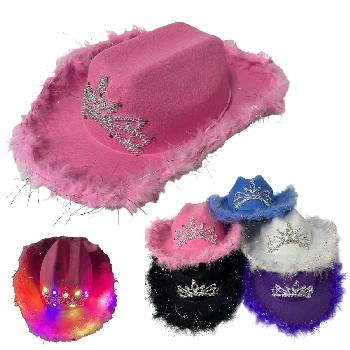 Child's Light-Up Felt Cowboy Hat w Tiara and Feather Edge-Asst - <span style="color:red">VIDEO AVAILABLE</span>