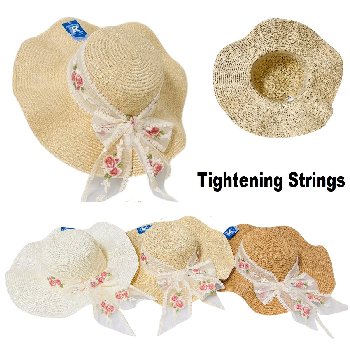 Ladies Fashion Summer Hat [Embroidered Rose Lace Bow] Wavy Brim
