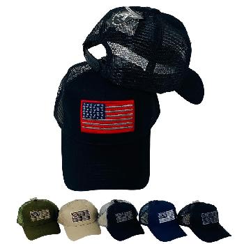 100% Cotton Front Mesh Hat with Embroidered Flag