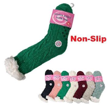 Plush-Lined Non Slip Sherpa Socks [Solid Color Cable Knit] 9-11
