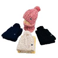 Plush-Lined PomPom Knit Hat/Neck Warmer Combo [Cable Knit]