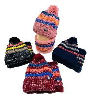 Plush-Lined PomPom Knit Hat/Neck Warmer Combo [Stripes]