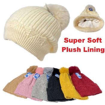 Ladies Super Soft Plush-Lined Scallop Knit Hat w PomPom [Solid]
