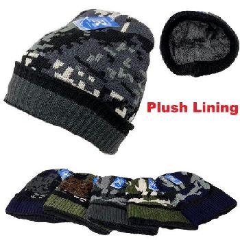 Knitted Plush-Lined Cuffed Hat [Camo]