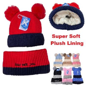 Child's Plush-Lined Knit Pom Pom Hat with Neck Warmer