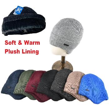 Knitted Super Soft Plush-Lined Cuffed Hat w Ear Cover [Solid]