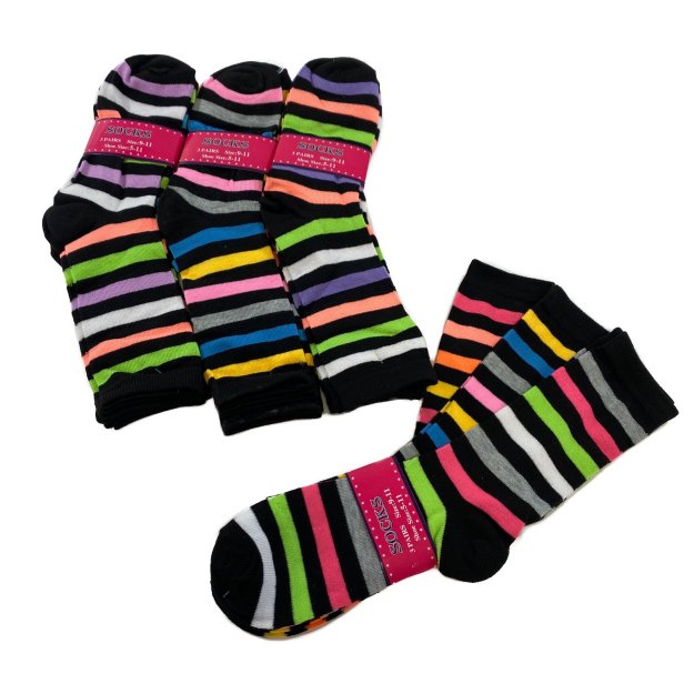 3pr Ladies Crew Socks 911 [MultiColor Wide Stripes]