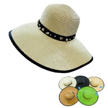 Ladies Large-Brim Fashion Hat [Daisies & Silver Beads]