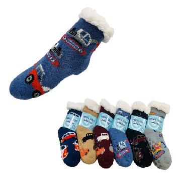 Child's Plush-Lined Non Slip Sherpa Socks [Vehicles] 6-8