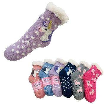 Child's Plush-Lined Non Slip Sherpa Socks [Unicorns & Llamas] 6-8