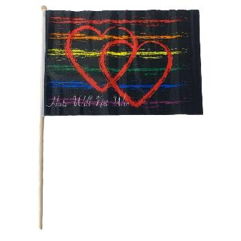 12"x18" Stick Flag [HATE WILL NOT WIN] Rainbow Pride/Double Heart