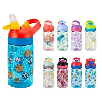Splash Plastic Child's Printed Water Bottle 17oz [Flip Straw with Clip Handle]
