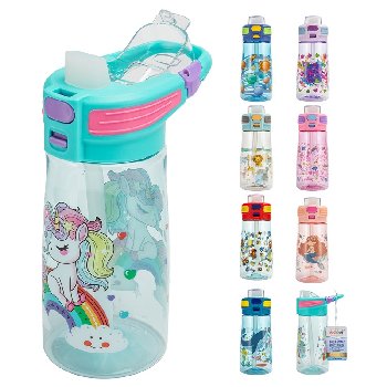 Splash Plastic Child's Printed Water Bottle 17oz [Flip Straw with Clip Handle]