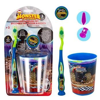 3pk Child's Toothbrush & Cover Set with Cup [Monster Truck]
