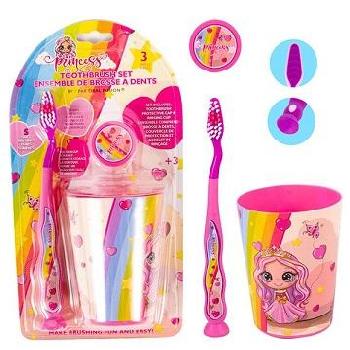 3pk Child's Toothbrush & Cover Set with Cup [Princess]