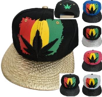 Snap Back Flat Bill Hat [TriColor Flag & Black Leaf]Textured Bill