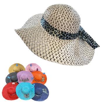 Ladies Woven Summer Hat [Vented Weave/Leopard Print Bow]
