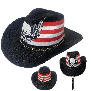 Black Cowboy Hat with Skull-Red/White Stripes [Chain Hat Band]