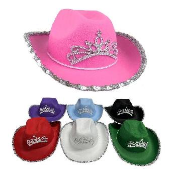 Ladies Felt Cowboy Hat with Princess Tiara and Sequin Edge